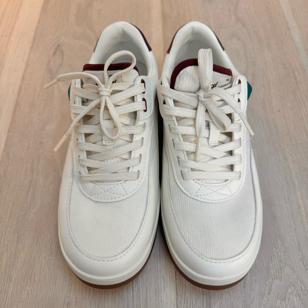 Vessi Courtside Classic Cream Sneakers with Maroon Trim
Size 7